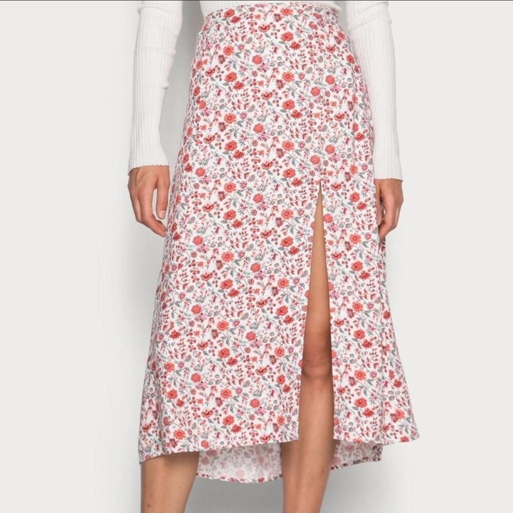 Abercrombie & Fitch Womens L Floral Midi Skirt Front Slit Cottagecore Viscose